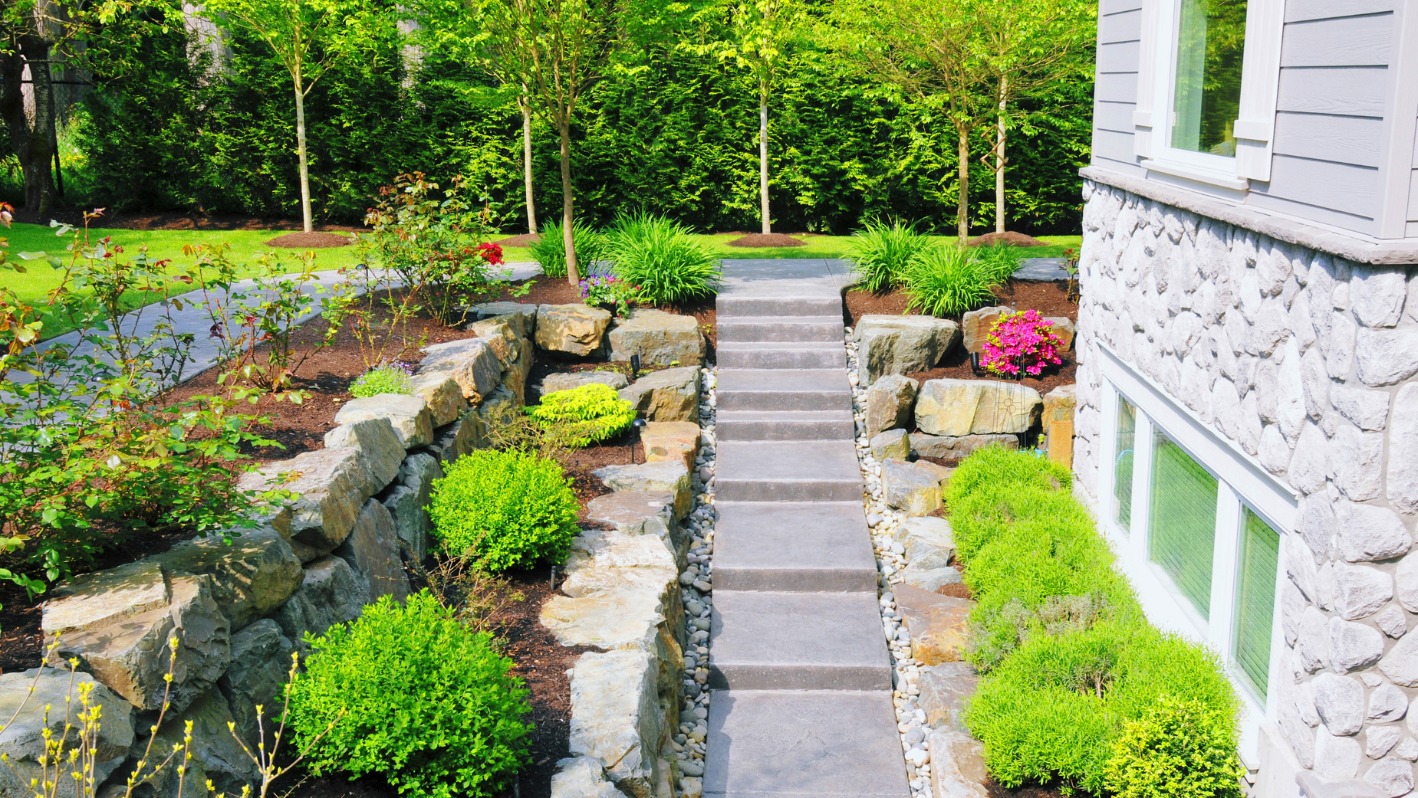 Stone steps and landscaped garden with green bushes and pink flowers